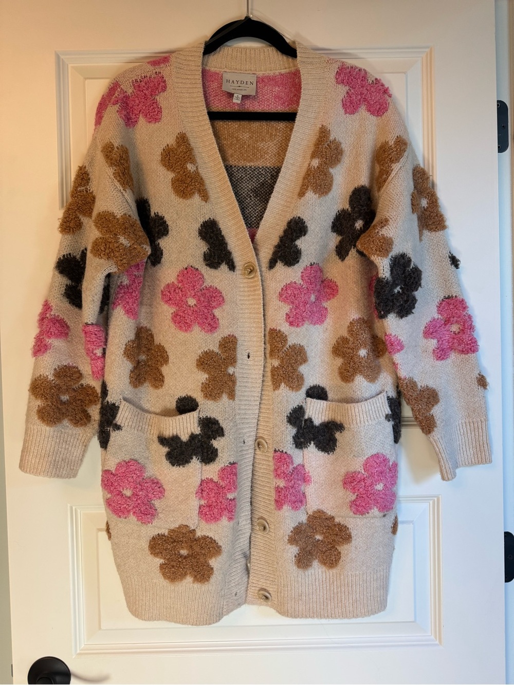 Hayden Cream Floral Knit Cardigan with Pink, Brown & Black Flowers